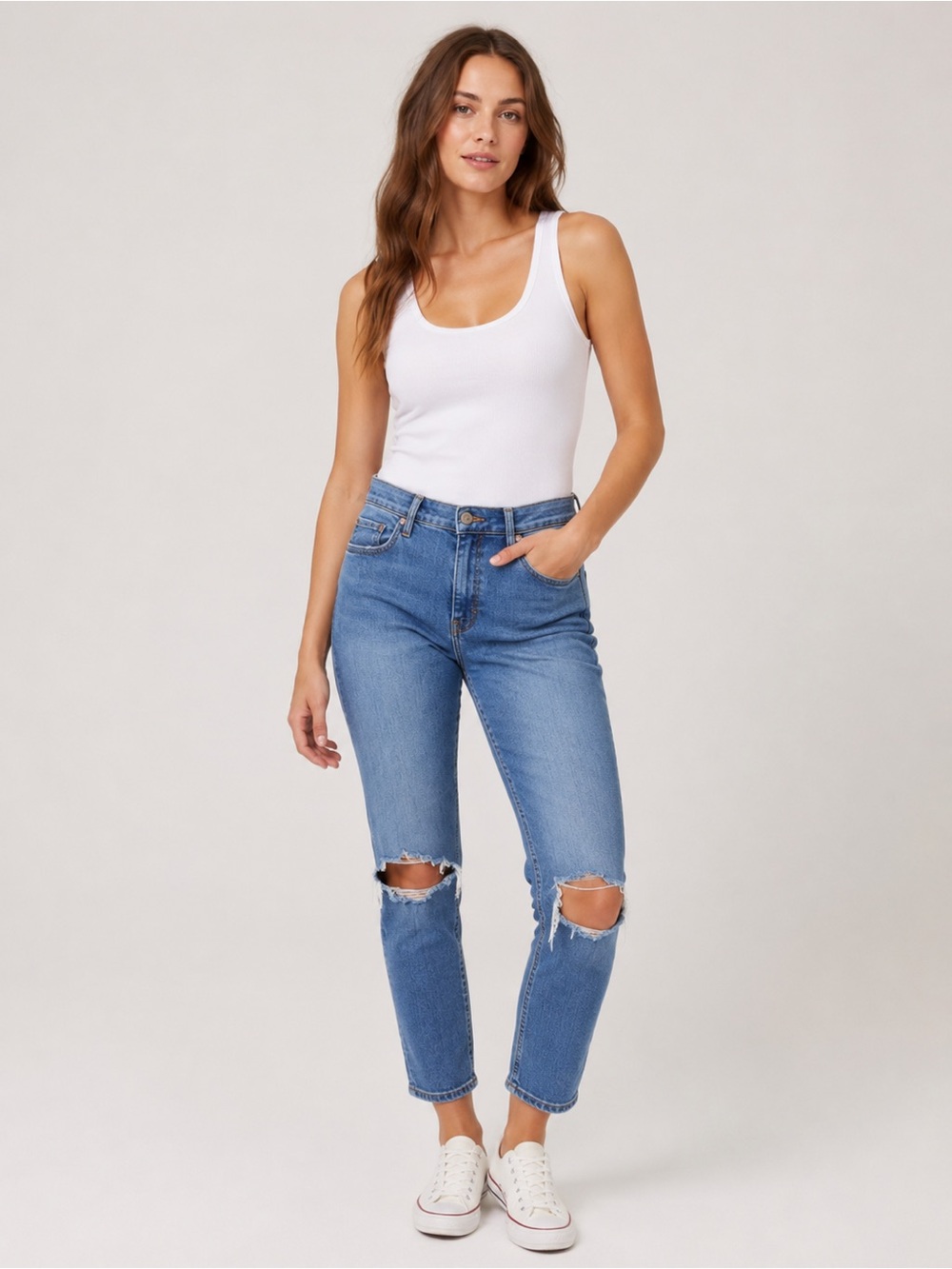 Free People Distressed Skinny Jeans – Size 31R Medium Wash High Rise